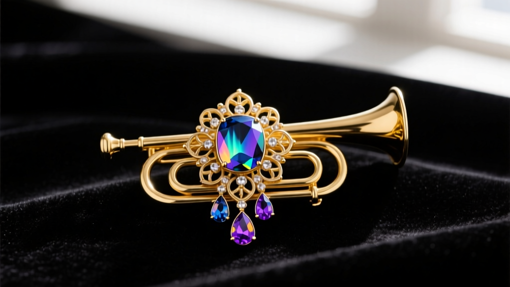 Close-up of a mid-century gold-tone Maejean vintage brooch with aurora borealis rhinestones and a trombone clasp on dark velvet.