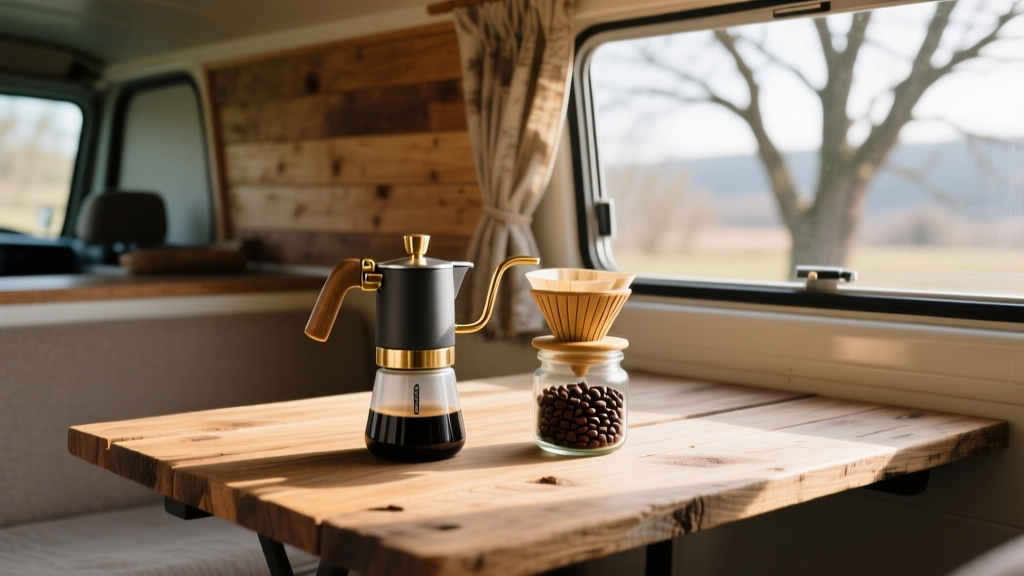 A rustic wooden table inside a converted camper van displaying a manual espresso maker, a reusable filter, and fair-trade coffee beans.