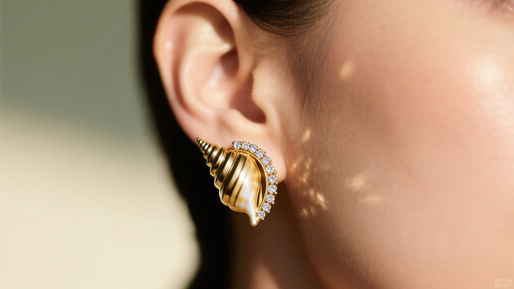 Close-up of an ear wearing a delicate gold fake conch earring cuff with pave diamonds, softly lit against a blurred background