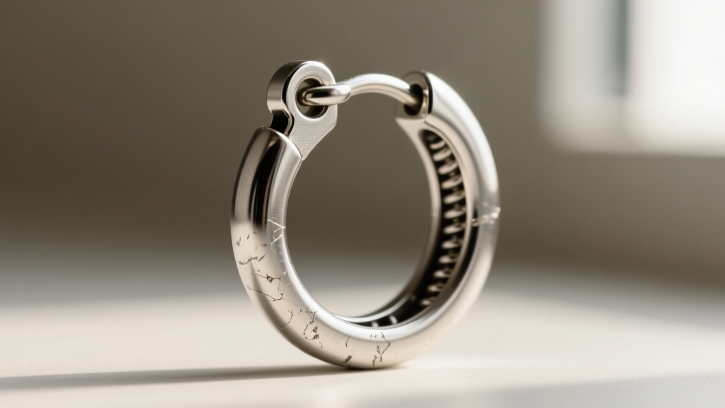Macro photography of a hinged clicker clasp on a silver-toned huggie earring, showing the tension joint and subtle wear