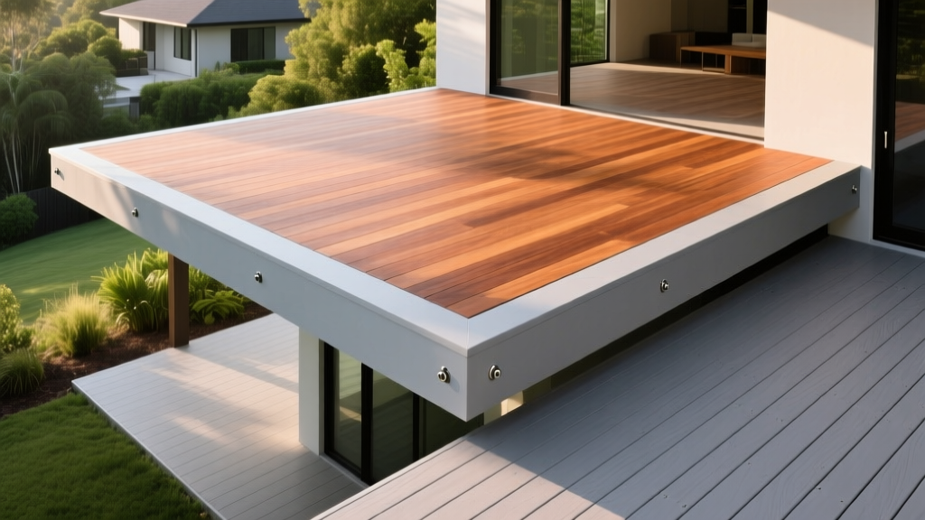 Split-level outdoor deck featuring a transition from warm ipe hardwood flooring to light gray capped composite boards, with hidden fasteners