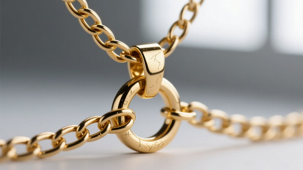 Macro shot of a 2.5mm 18k gold curb chain linking into a 12mm pendant bail, showing metal texture and a polished lobster clasp.