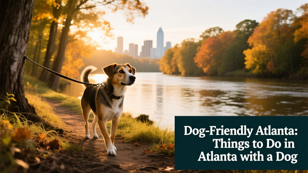 Scenic view of the Chattahoochee River with tree-lined banks and a dog walking along the path