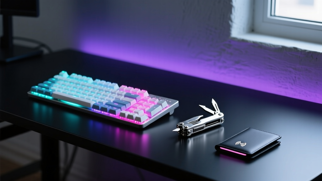 A sleek matte-black desk setup featuring a glowing mechanical keyboard, a titanium multi-tool, and a smart wallet under moody neon ambient lighting.