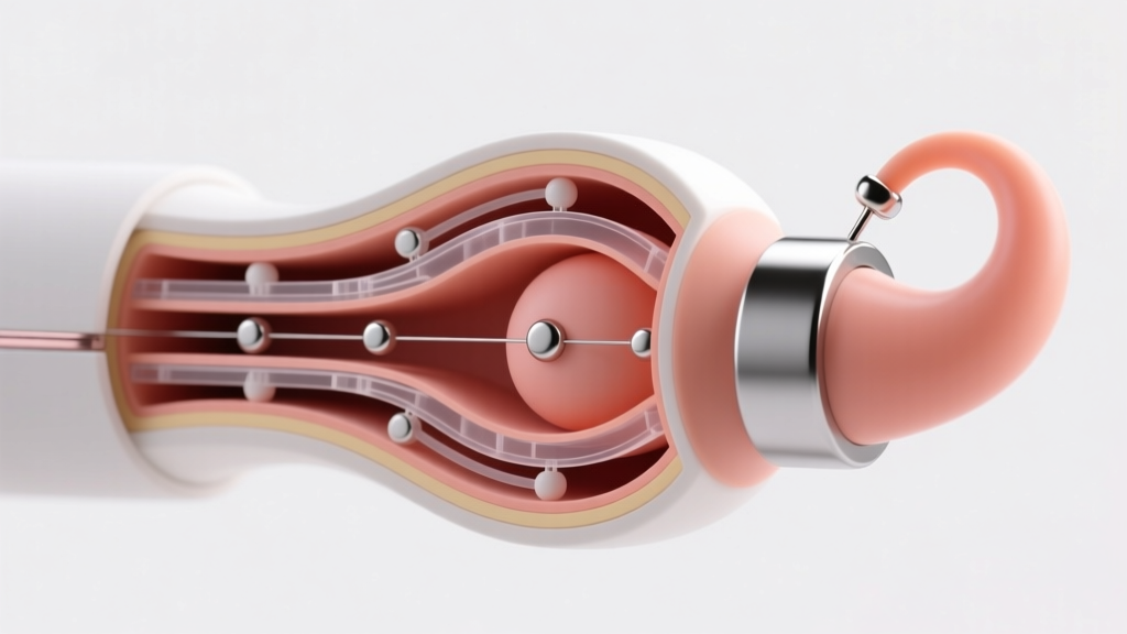 Close-up diagram showing the cross-section of a silicone-encased magnetic non piercing clitoral shield with measured tension zones