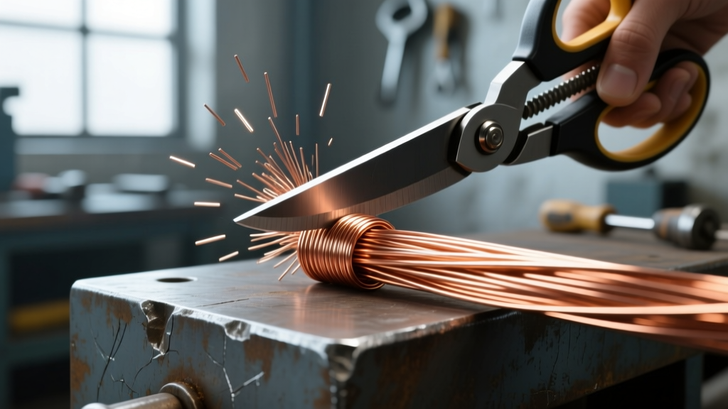 Flush cutters cleanly snipping 28-gauge dead-soft copper weaving wire against a scratched steel bench block under bright lighting