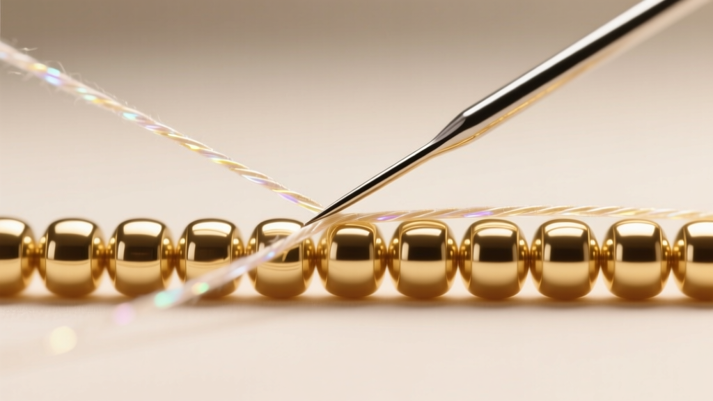 Macro shot of a beading needle weaving translucent thread through a row of metallic gold size 11/0 Miyuki Delica cylinder beads.