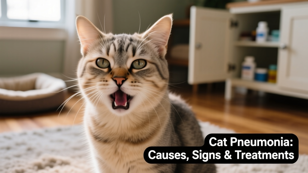 Close-up of a cat breathing heavily with mouth slightly open, showing signs of respiratory distress