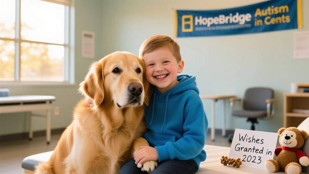 Therapy dog Eliza gently interacting with a smiling child at Hopebridge Autism Center