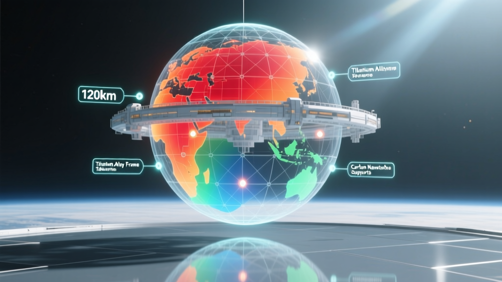 Blueprint hologram of a 120km spherical space station overlaid with structural stress heatmaps and material takeoff data