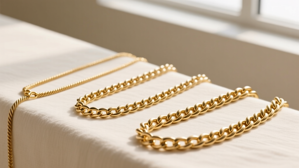 Close-up flat lay of three distinct gold chains showing varying gauges: a 1mm cable, a 2.5mm curb, and a 4mm rope chain
