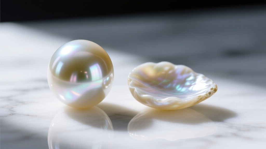 Macro photo comparing a flawless glass-based simulated Carolee pearl with a slightly asymmetrical freshwater pearl on marble.