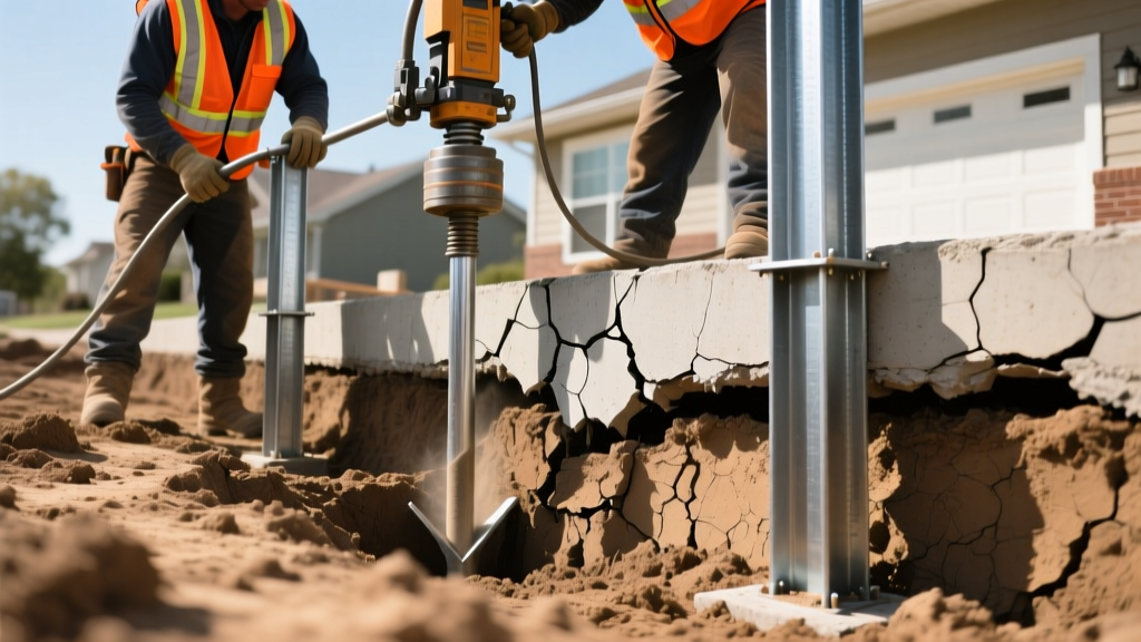 Foundation repair crew installing galvanized steel push piers beneath a cracked concrete footing in dry expansive clay soil.