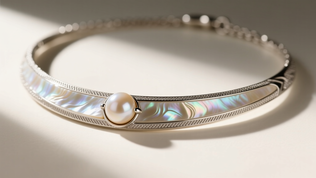 Side profile of a mother of pearls necklace showing thin nacre inlay flush-set against a textured sterling silver backing