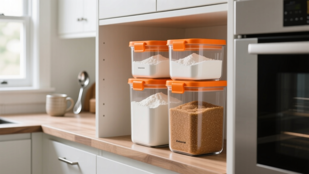 Stacked clear airtight canisters with bright orange lids filled with white all-purpose flour and brown sugar inside a modern pantry