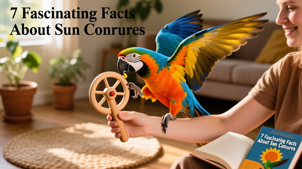 A sun conure interacting playfully with a hand-held toy while perched on a caregiver's forearm