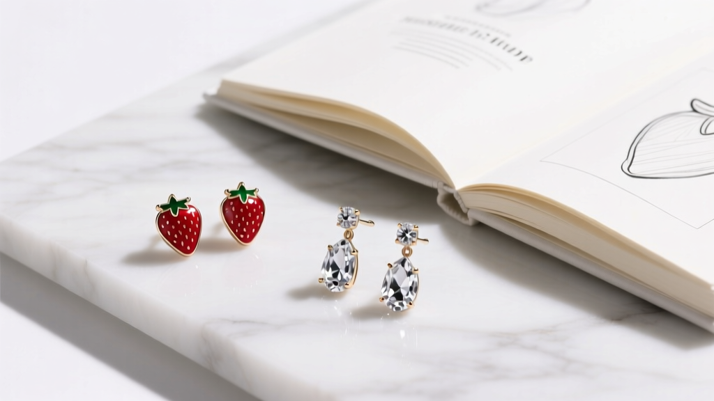 Flat lay of strawberry enamel studs and crystal drop earrings on white marble beside a style guide notebook in soft studio lighting