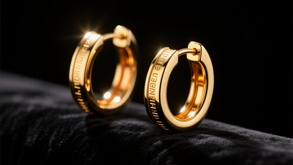 14k yellow gold huggie earrings on black velvet with micro-engraved text along the outer band, lit by dramatic moody spotlighting.