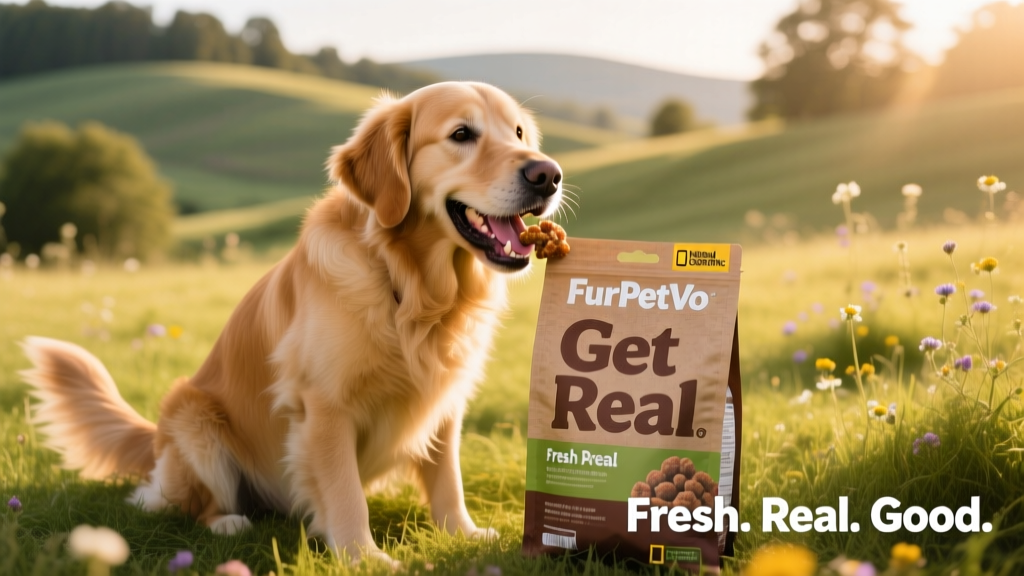 A happy, healthy dog enjoying a fresh meal from a FurPetVo Get Real pack outdoors in natural light