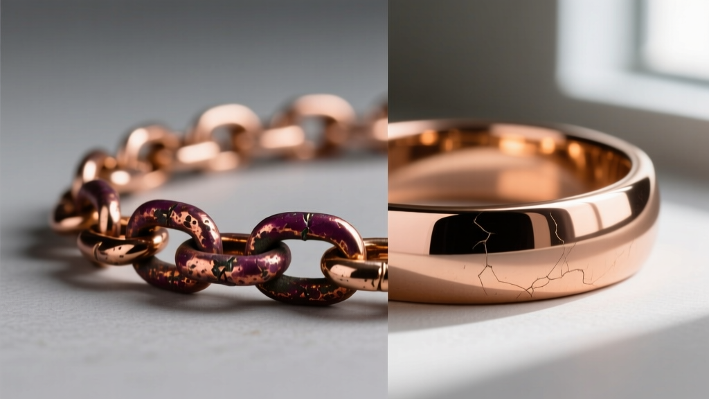 Side-by-side view of a tarnished 10k rose gold chain and a polished section, showing the removal of copper oxidation patina.