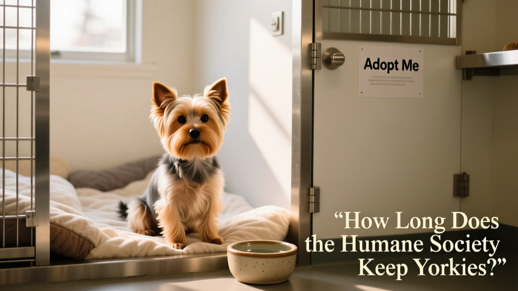 A gentle Yorkie sitting calmly in a shelter kennel with soft bedding and a water bowl