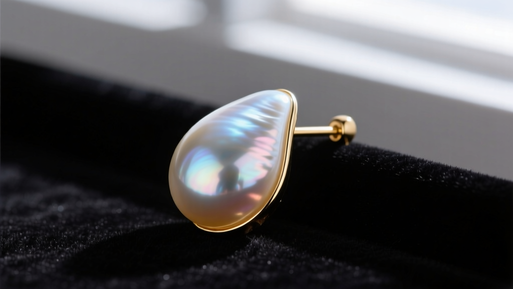 Macro shot of a large baroque teardrop pearl earring on dark velvet, showing iridescent nacre and a minimalist 14k gold post