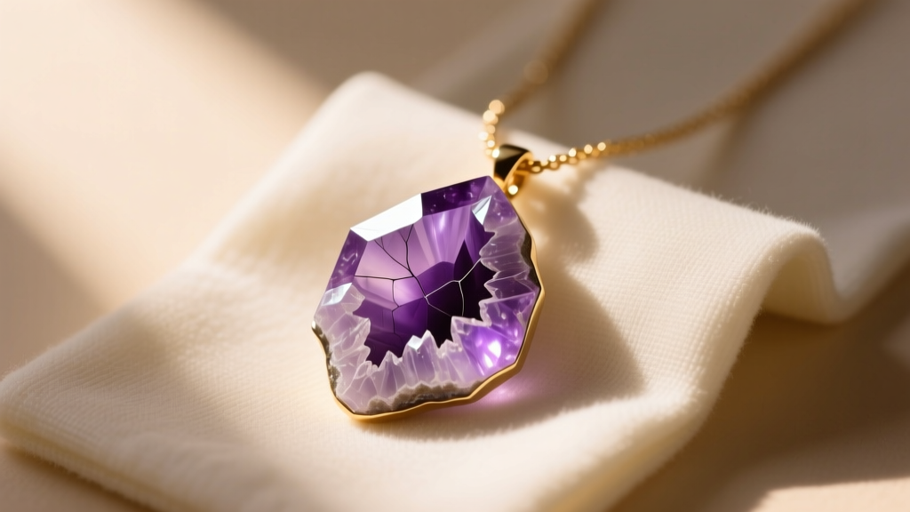 Raw amethyst geode necklace pendant on a microfiber cloth, illuminated by warm sunlight highlighting the purple crystal facets.