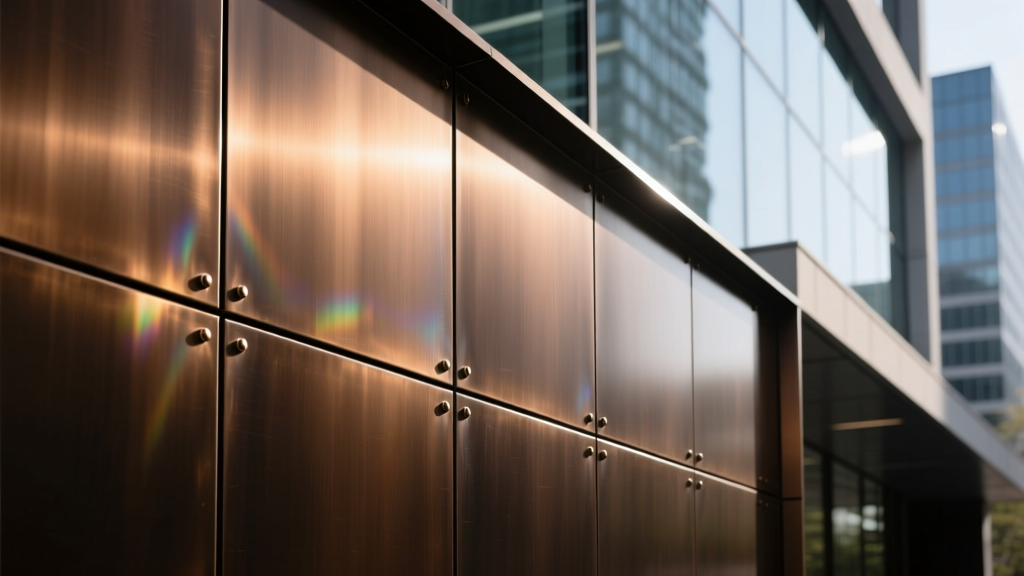 Close-up of dark bronze Eclipse architectural metal wall panels with concealed fasteners installed on a modern commercial building exterior