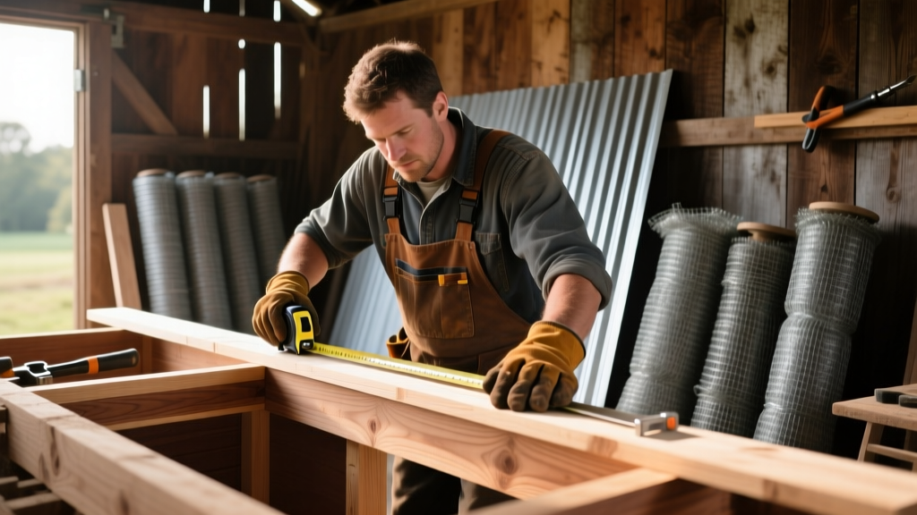 Carpenter measuring pressure-treated lumber for a chicken coop frame with hardware cloth and metal roofing panels in the background