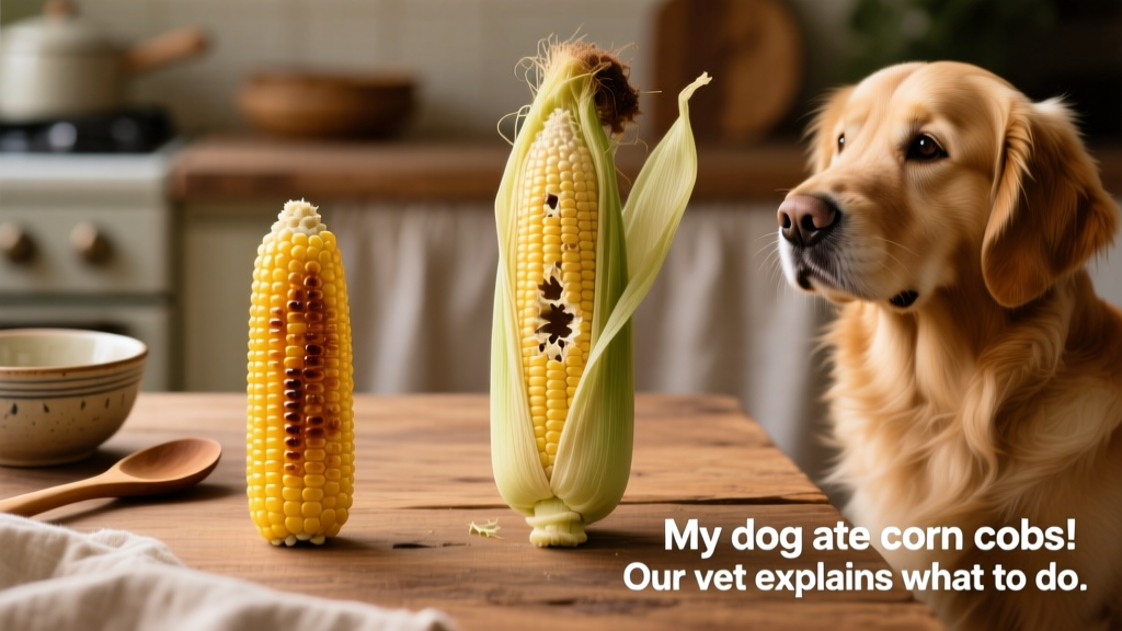 Side-by-side comparison showing safe cooked corn kernels versus an intact corn cob