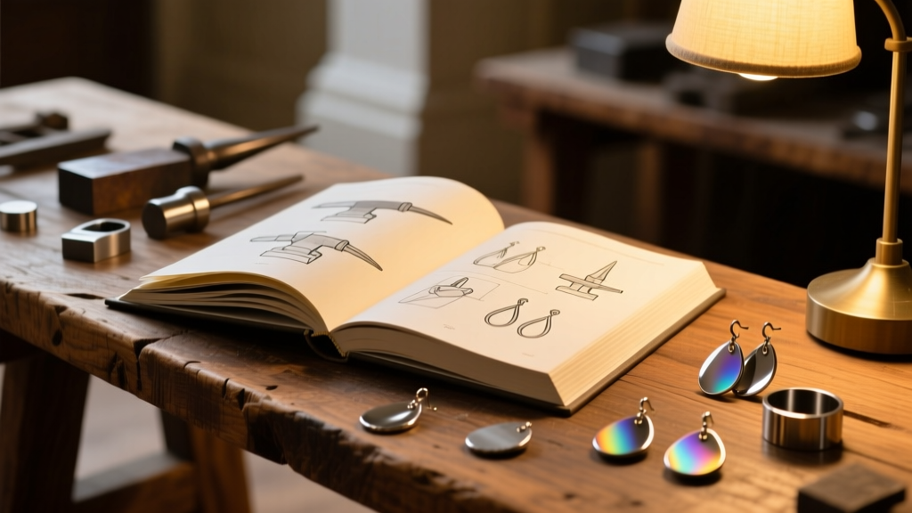 Open metalsmithing book on a wooden bench beside scattered titanium and niobium earring blanks under warm lamp light.