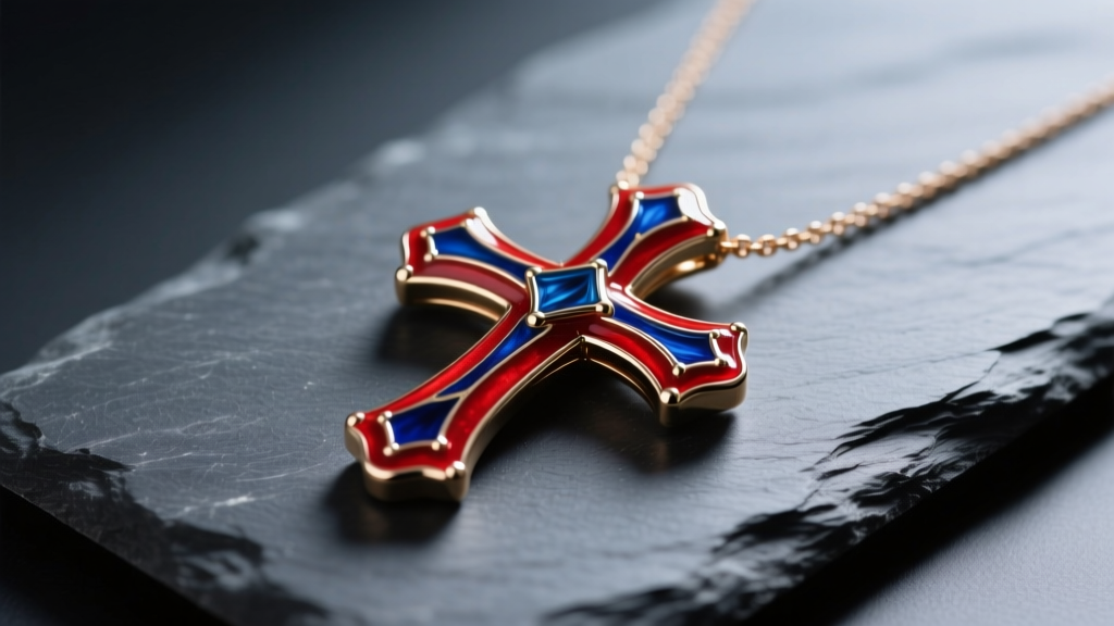 Colorful cross necklace with vitreous enamel red and blue inlays resting on dark slate under soft studio lighting