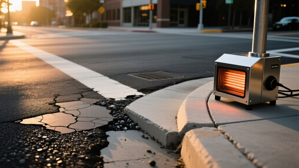 Close-up of a municipal road intersection showing a joint-sealed concrete slab meeting a freshly patched asphalt surface with infrared heating equipment nearby