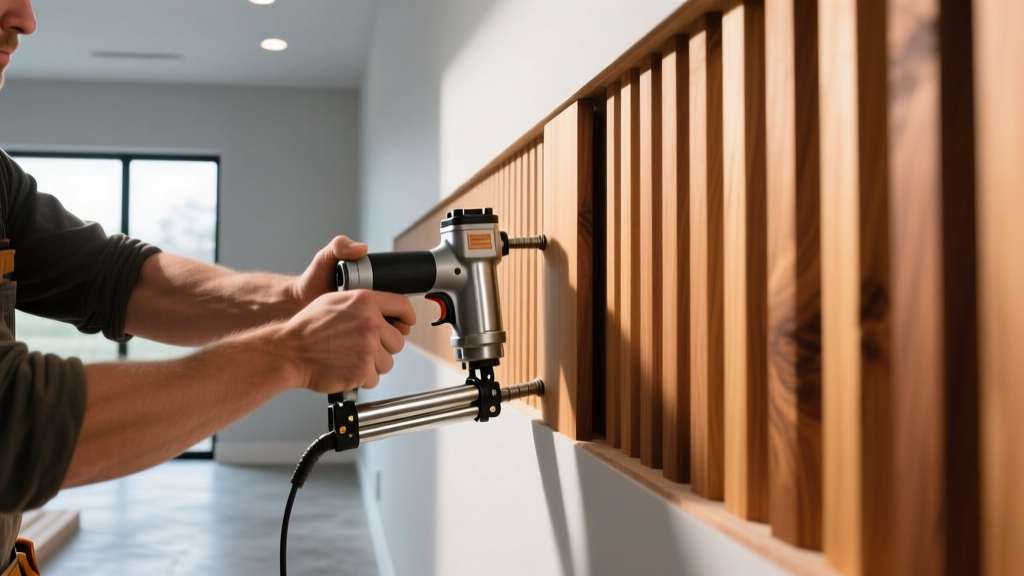 Close-up of a carpenter installing finished Incense Cedar acoustic slat panels on a modern interior wall using a pneumatic brad nailer