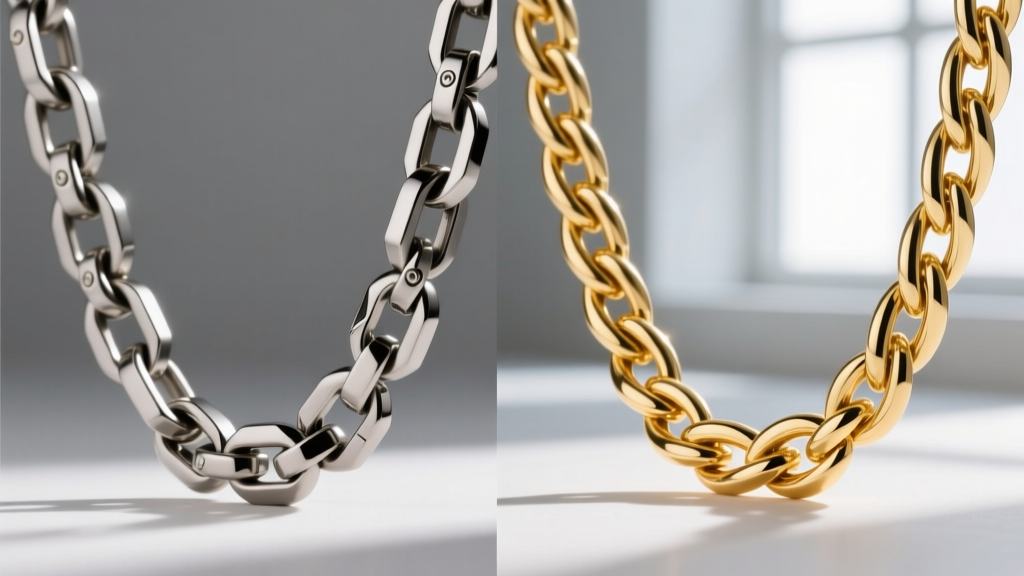 Split view of a matte titanium chain and a polished 14k gold rope chain, highlighting contrasting metal lusters and link details