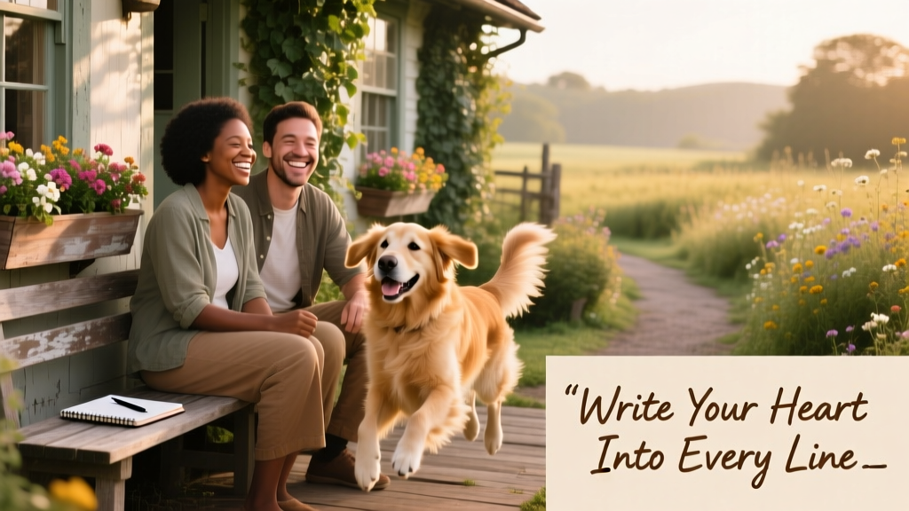 Sitter and owner smiling together beside a happy dog outside a charming cottage
