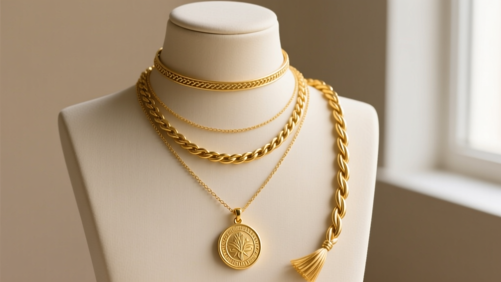 Three layered gold necklaces on a mannequin, featuring a 14-inch choker, a 16-inch Emma medallion, and a 20-inch lariat chain