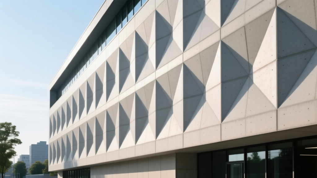 Smooth self-consolidating concrete architectural facade panels with geometric formwork patterns on a modern commercial building exterior
