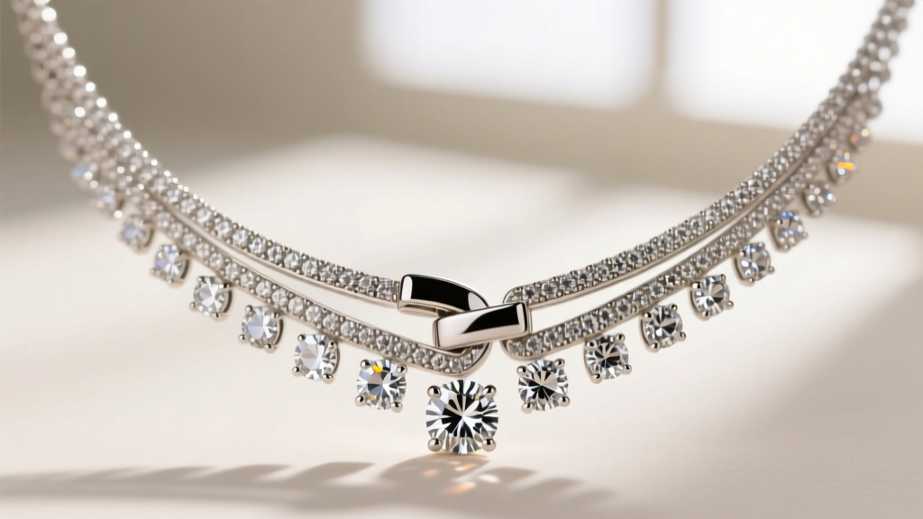 Macro shot of a hinged platinum joint on a cascading diamond bib necklace, revealing micro-pave settings and flexible mesh back.
