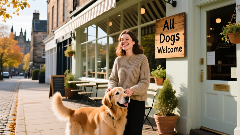 Woman smiling beside her dog outside a bright, inviting Edinburgh café with ‘All Dogs Welcome’ signage