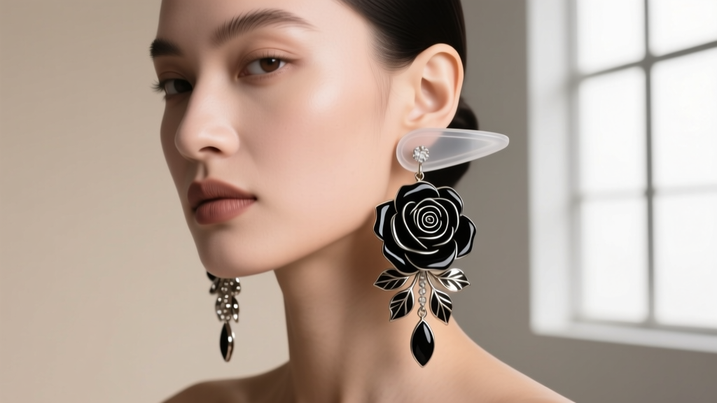 Model wearing black enamel rose chandelier earrings, showcasing a clear silicone earring support disk to stabilize heavy earlobes.