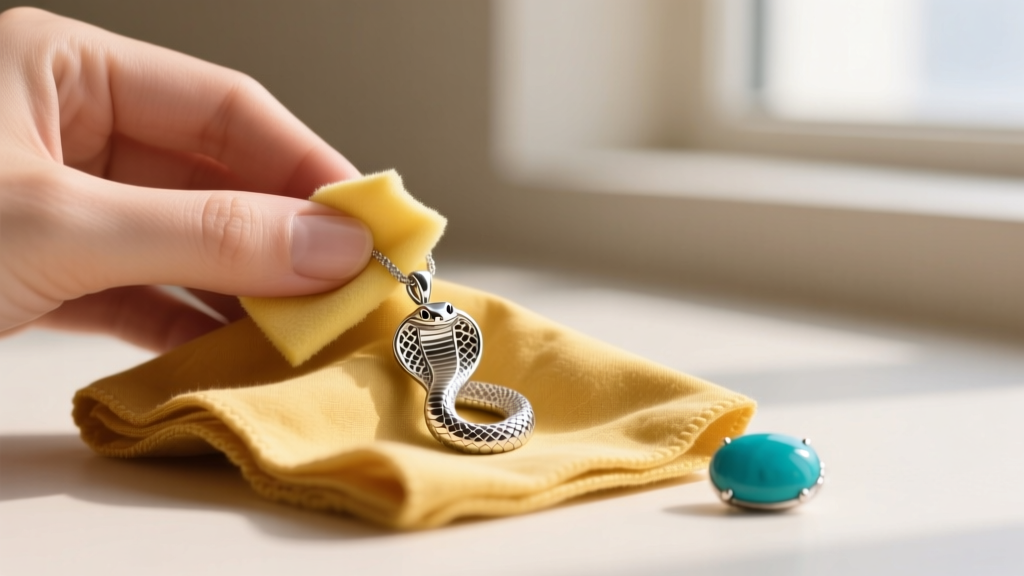 Hands gently wiping a small silver naja pendant with a yellow polishing cloth, carefully avoiding the adjacent turquoise stones.