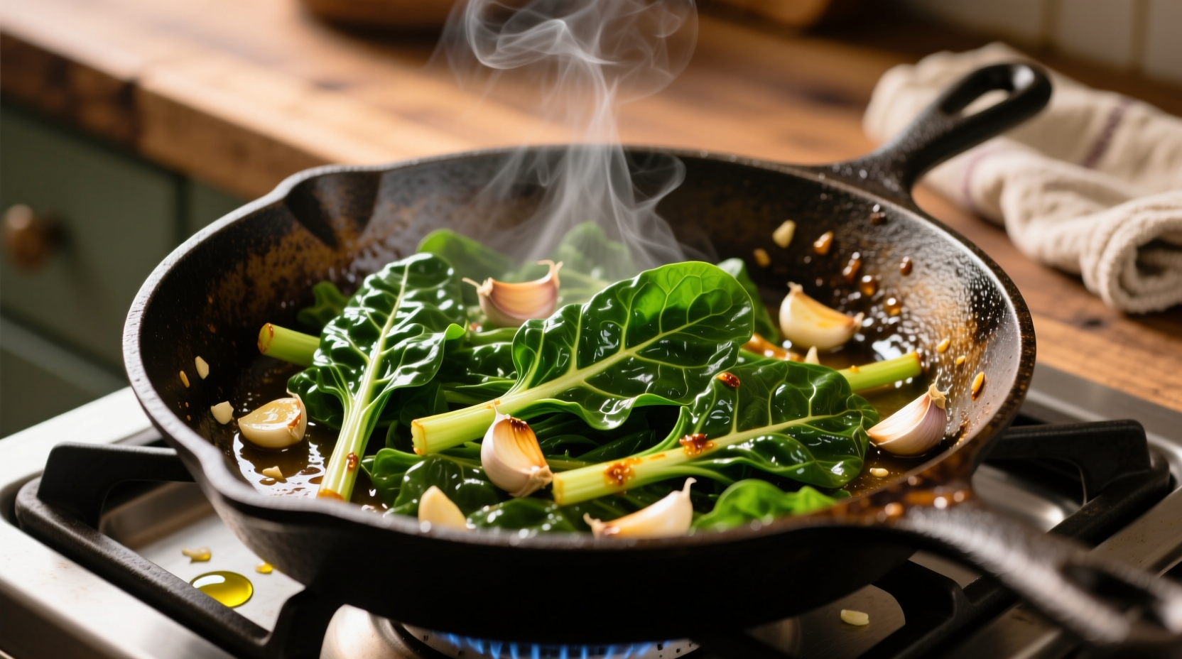 Fresh Swiss chard sautéed with garlic in skillet