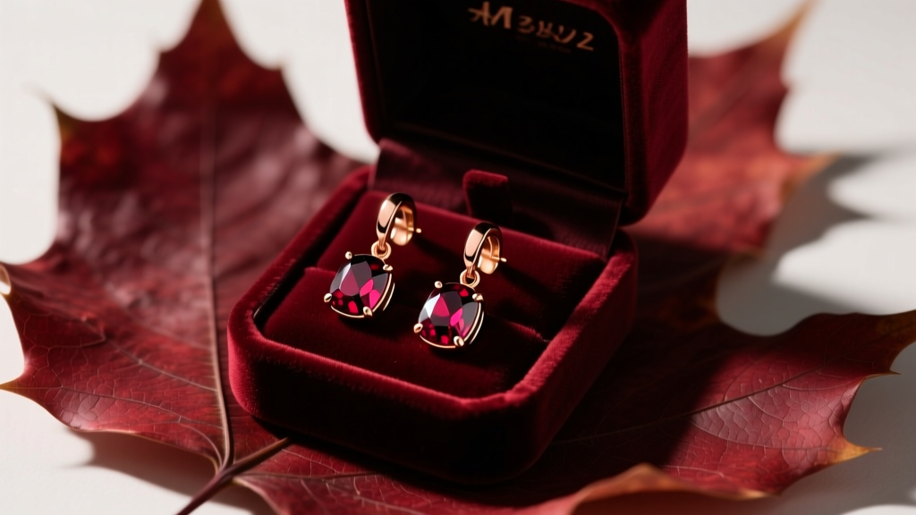 Velvet box displaying 14k rose gold drop earrings with faceted pyrope garnets on dark red autumn leaves under warm studio lighting