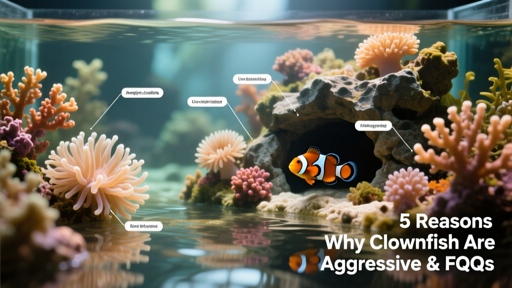 Aquarium layout diagram showing ideal placement of live rock, anemones, and hiding spaces to diffuse clownfish territorial behavior