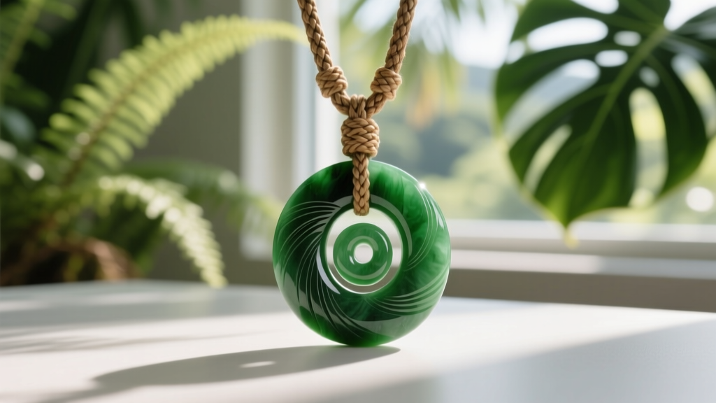 Hand-carved pounamu greenstone koru pendant on a woven flax cord, set against a softly blurred tropical foliage background