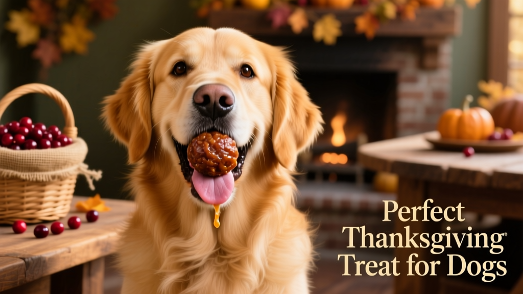 A joyful dog holding a turkey-cranberry meatball gently in its mouth, with festive background elements