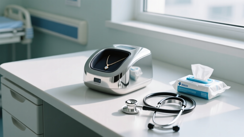 Ultrasonic jewelry cleaner on a nurses station desk beside a stethoscope and a sealed pack of hospital-grade disinfectant wipes.