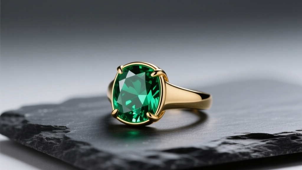 Emerald ring in 14k gold bezel setting on dark slate, soft studio lighting highlighting natural inclusions and rich green color.