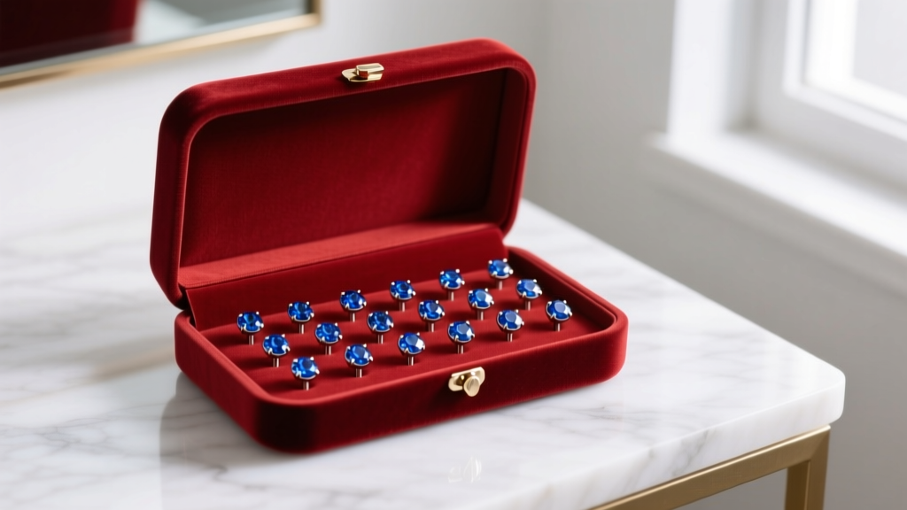 Open velvet gift box on marble vanity revealing 16-gauge implant-grade titanium labret studs with bezel-set sapphires inside.